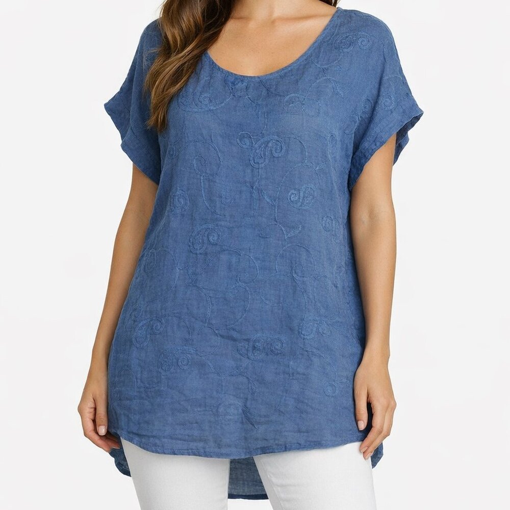 Terzo Millennio Blue Embroidered Short Dolman Sleeve Linen Top Womens Large 14